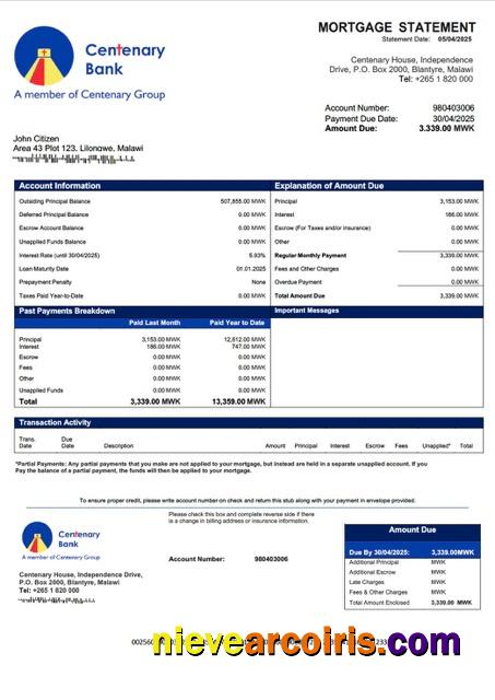 Malawi Centenary Bank Malawi mortgage statement Word and PDF template
